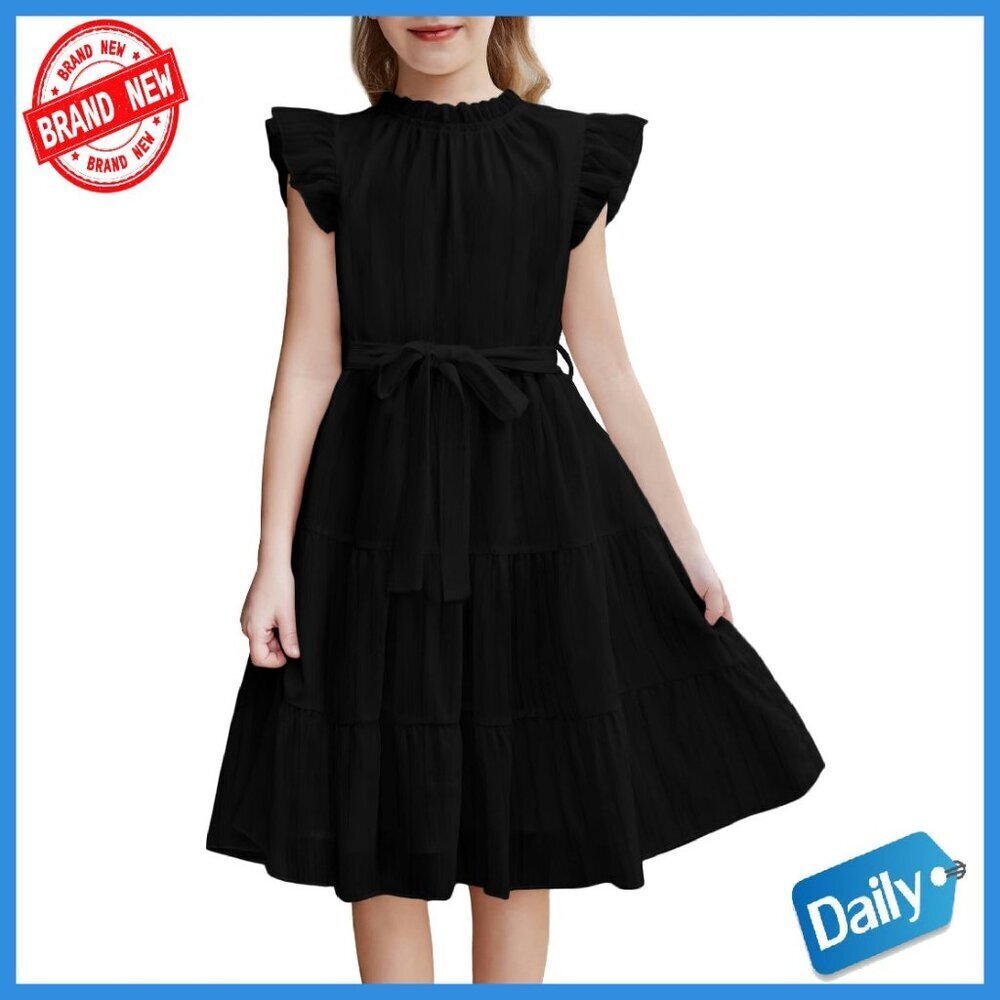 Girls Summer Formal Dress Ruffle Sleeve A-Line with Belt